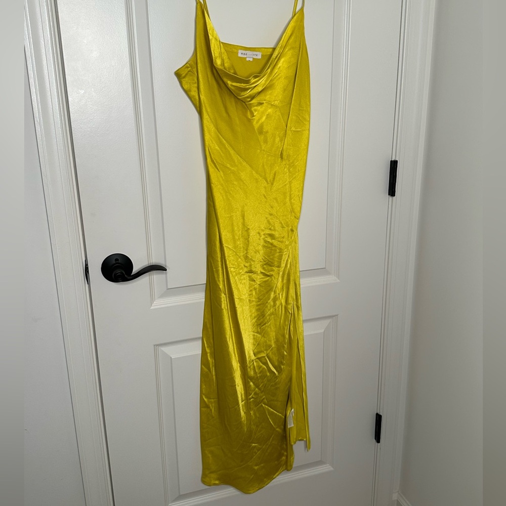 Satin cowl neck midi slip dress with slit